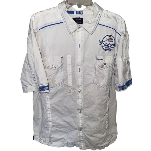 MENS PARISH TRIUMPHANT ALL CONQUERING‎ Whote Blue CAMP SHIRT 3XL - Picture 1 of 8